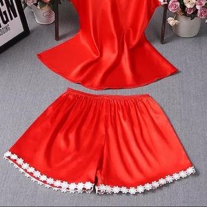 Bright Red Satin Pajama Shorts With Floral Trim
